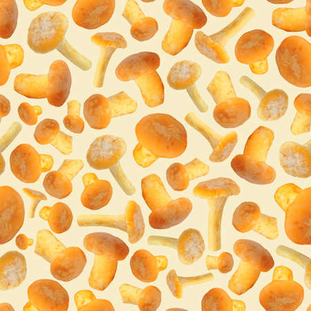 Seamless pattern of chanterelle mushrooms on a light background, natural pastel colors.の写真素材