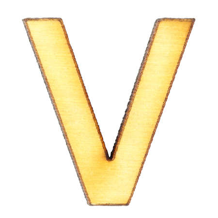 Letter V made of wood or plywood on a white background, isolate, english alphabet, close-up.の写真素材
