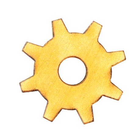 Cogwheel or mechanical part made of wood or plywood close-up on a white background, isolate.の写真素材