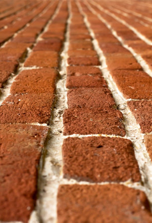 Brick surface with white lime grout, perspective, close-up, vertical frame.