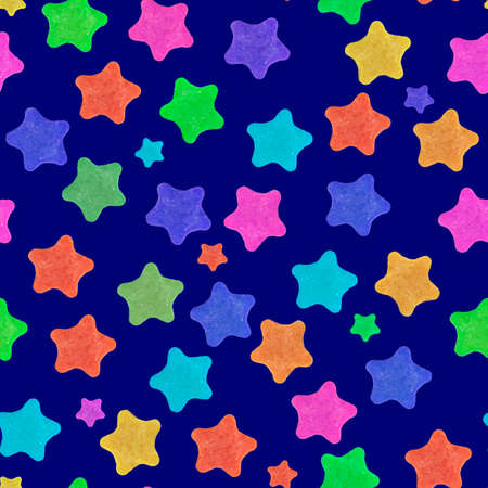Seamless pattern. Multicolored stars on a dark blue background, blank for printing on fabric or as a background.の写真素材