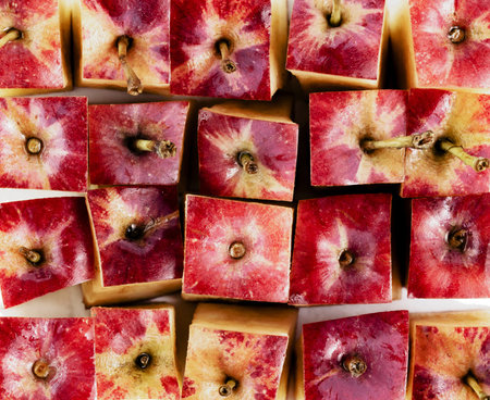 Background or texture of apple cores close-up. Apples creative solution, top view.