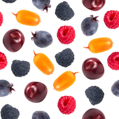 Seamless pattern on white, different and multicolored ripe sweet forest berries.の写真素材