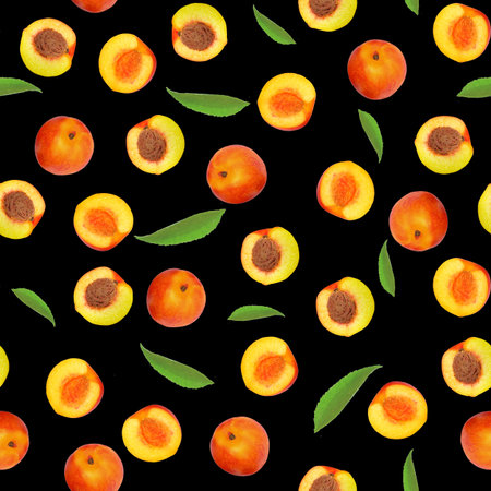 Seamless pattern of peaches and halves on a black background, top view, flat lay.