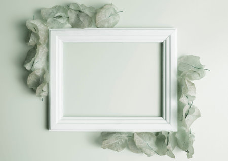 White wooden frame and bougainvillea buds, black and white, sepia. Copy space, top view, flat lay.