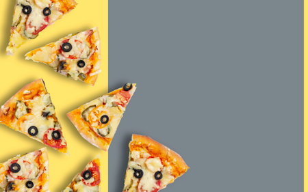 Concept for a banner or flyer for a restaurant or fast food, pizza delivery, two-color gray and yellow background.の写真素材