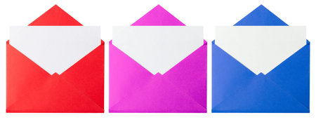 Design set of greeting letter or invitation in colored envelopes, isolate on white.