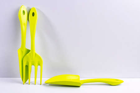 Dirty tools for home gardening and floriculture, place for text.の写真素材