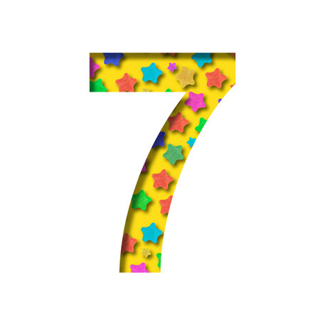 Holiday font. Number 7 is made from a festive pattern with colored stars. Collection of fonts for...
