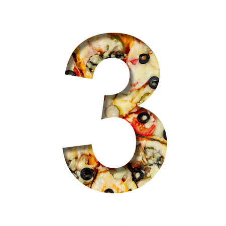 Fonts on pizza texture. Digit three, 3, cut out of paper on a background of real pizza. Volumetric...