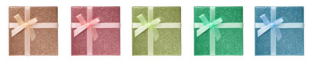 Set of colored boxes with gifts on white isolated, top view.