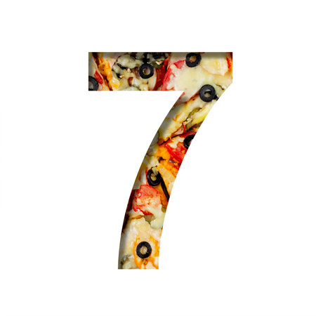 Fonts on pizza texture. Digit seven, 7, cut out of paper on a background of real pizza. Volumetric...
