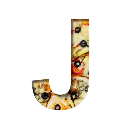 Font on pizza texture. Letter J, cut out of paper on a background of real mediterranean pizza. Volumetric white fonts alphabet setの写真素材