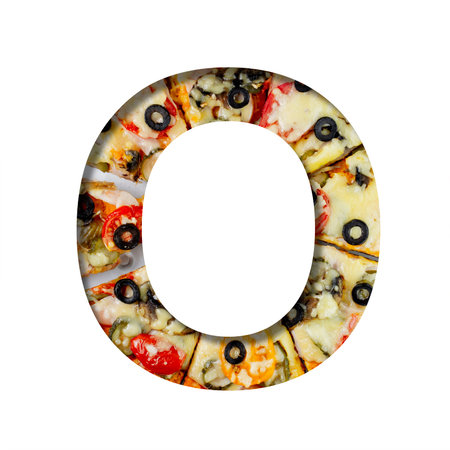 Font on pizza texture. Letter O, cut out of paper on a background of real mediterranean pizza....