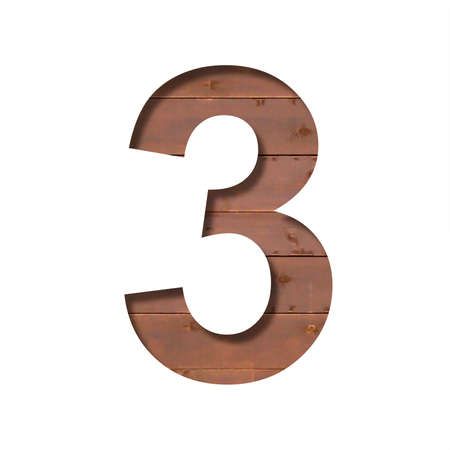 Font on the boards. The digit three, 3, is cut out of paper against the background of a wooden plank wall. Volumetric white fonts setの写真素材