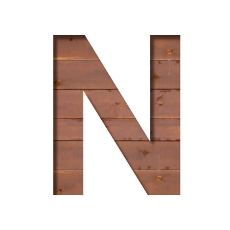 Font on texture of wooden boards. Letter N, cut out of paper on a background of real rustick wood wall. Volumetric white fonts alphabet setの写真素材