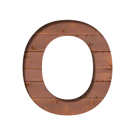 Font on texture of wooden boards. Letter O, cut out of paper on a background of real rustick wood wall. Volumetric white fonts alphabet setの写真素材