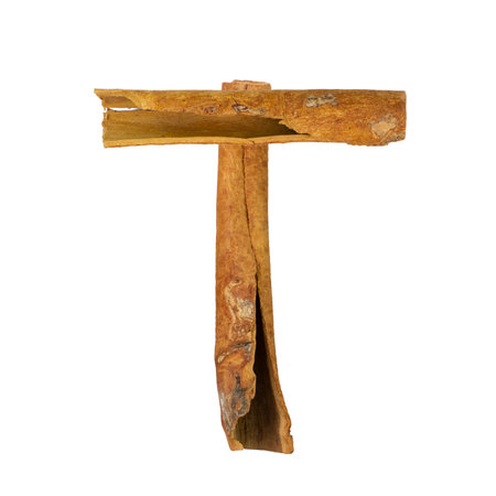 Cinnamon font. Letter T is made from pieces of cinnamon on white isolated. Alphabet letters font set from spicesの写真素材