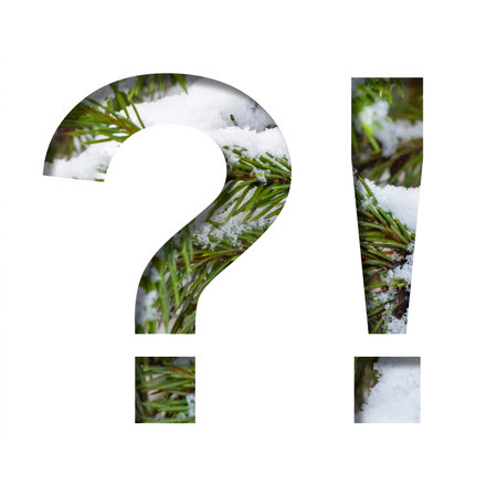 Winter font. Exclamation and question marks, cut out of paper against the background of winter fir...