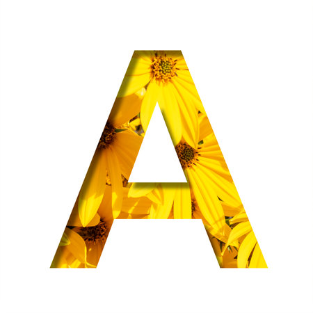 Autumn flowers font. Letter A cut from paper on a background of bright yellow autumn flowers. A set of volumetric natural fonts.の写真素材