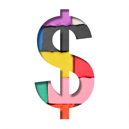 Multi-colored plasticine font. Dollar money symbol cut out of paper on a background of pieces of colored plasticine. A set of volumetric color fonts.の写真素材