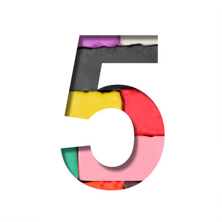 Multi-colored plasticine font. The digit five, 5 is cut out of paper on a background with a piece of colored plasticine. Set of colored fonts.の写真素材