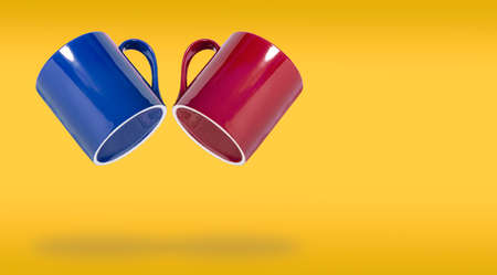 Red and blue cup on yellow background, restaurant or cafe wide banner or flyer mockup.の写真素材