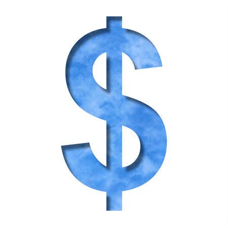 Font on blue sky. Dollar money symbol cut out of paper on a background of a bright blue sky with light clouds. Set of decorative natural fontsの写真素材