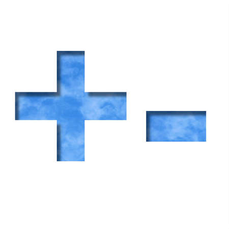 Font on blue sky. Plus and minus signs cut out of paper on a background of a bright blue sky with light clouds. Set of decorative natural fontsの写真素材