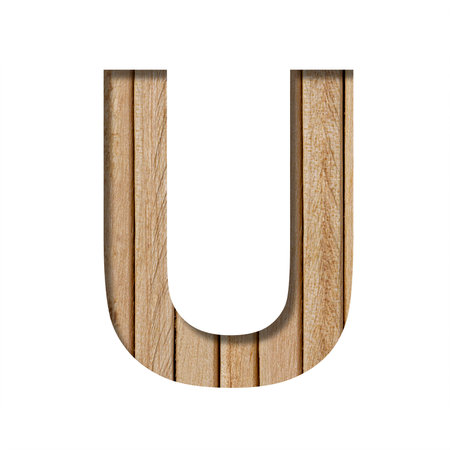 Font on light wood. Letter U is cut out of paper on a the background of vertical wood planks. Set of wooden fontsの写真素材