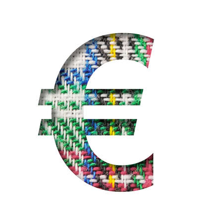 Font on Scottish fabric. Euro money symbol cut out of paper on a textured pattern of real Scottish fabric. Set of decorative fonts.の写真素材