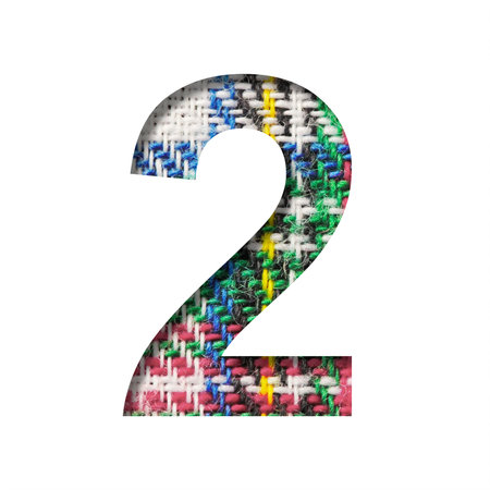 Font on Scottish fabric. Digit two, 2 cut out of paper on a textured pattern of real Scottish...