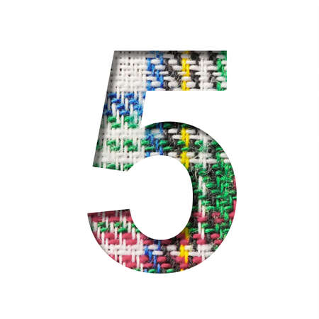 Font on Scottish fabric. Digit five, 5 cut out of paper on a textured pattern of real Scottish fabric. Set of decorative fonts.の写真素材