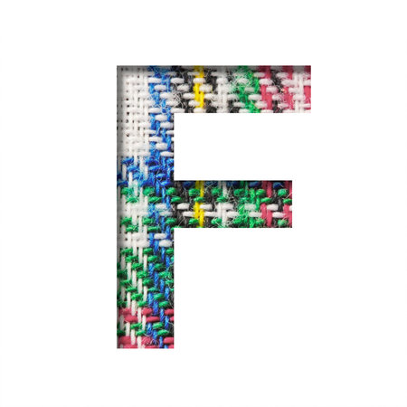 Font on Scottish fabric. The letter F cut out of paper on a textured pattern of real Scottish fabric. Set of decorative fonts.の写真素材