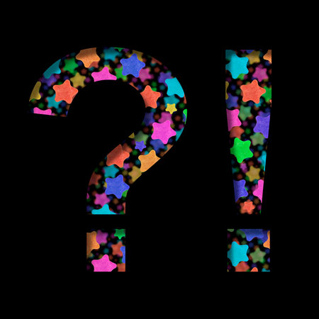 New Years font. Exclamation and question marks cut out of black paper on the background of bright colored stars of different sizes. Set of New Year or others holidays fontsの写真素材