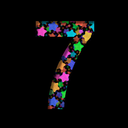 New Years font. Digit seven, 7 cut out of black paper on the background of bright colored stars of...