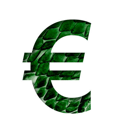 Dragon skin font. Euro money symbol cut out of paper on the background of the dark green skin of a mystical dragon with scales. Set of decorative fontsの写真素材