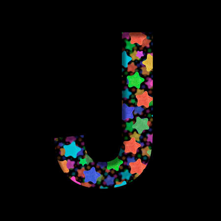 New Years font. The letter J cut out of black paper on the background of bright colored stars of different sizes. Set of New Year or others holidays fontsの写真素材