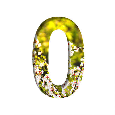 Spring sunny font. The digit zero, 0 cut out of paper on the background of blooming cherry on a sunny spring day. Set of decorative natural fonts.の写真素材