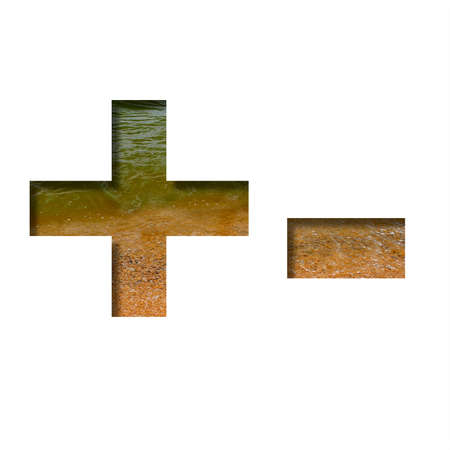 Sea shore font. Plus and minus signs cut out of paper on a background of the beach of seashore with coarse sand and emerald water. Set of decorative natural fonts.の写真素材