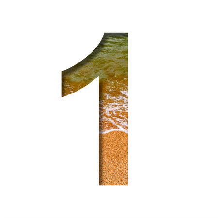 Sea shore font. The digit one, 1 cut out of paper on a background of the beach of seashore with coarse sand and emerald water. Set of decorative natural fonts.の写真素材