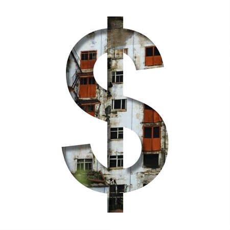 Font on an abandoned industrial building. Dollar money business symbol cut out of paper on a background of windows and doors of an abandoned industrial building. Set of decorative fonts.の写真素材