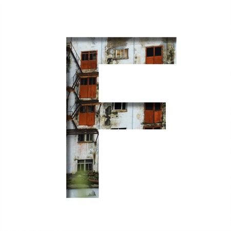 Font on an abandoned industrial building. The letter F cut out of paper on a background of windows...