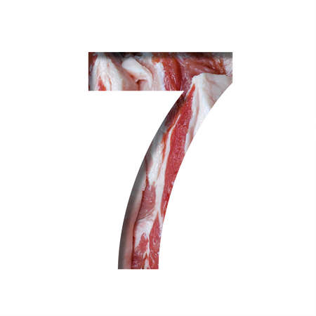 Fresh meat font. The digit seven, 7 cut out of paper on a background of raw fresh bacon. Set of decorative food fonts.の写真素材