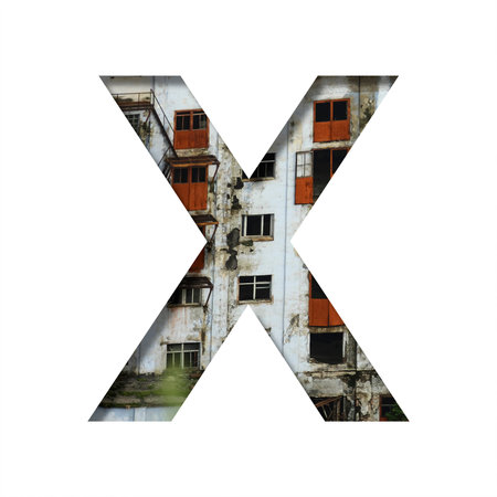 Font on an abandoned industrial building. The letter X cut out of paper on a background of windows...