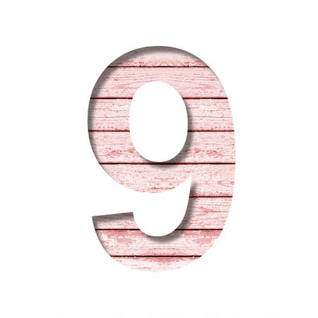 Font on boards with old paint. The digit nine, 9 cut out of paper on a rustic background of old boards with pink paint. Set of decorative fonts.の写真素材