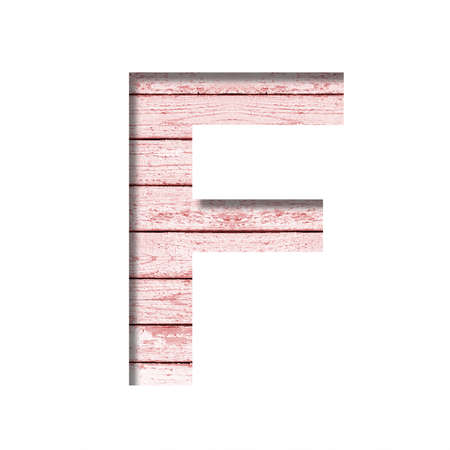 Font on boards with old paint. The letter F cut out of paper on a rustic background of old boards with pink paint. Set of decorative fonts.の写真素材