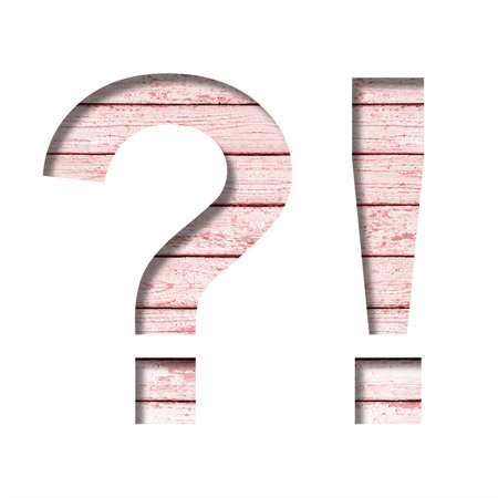 Font on boards with old paint. Exclamation and question marks cut out of paper on a rustic...