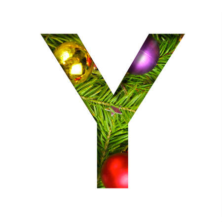 Alphabet on Christmas tree. The letter Y cut out of paper on a background fresh Christmas tree with colored balls. Set of decorative holidays alphabet fonts.の写真素材