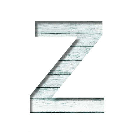 Font on old boards. The letter Z cut out of paper on a rustic wall of old boards with blue paint. Set of decorative fonts.の写真素材